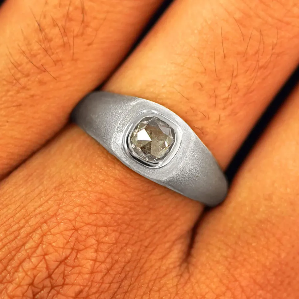 Cushion Salt and Pepper Diamond Signet Ring