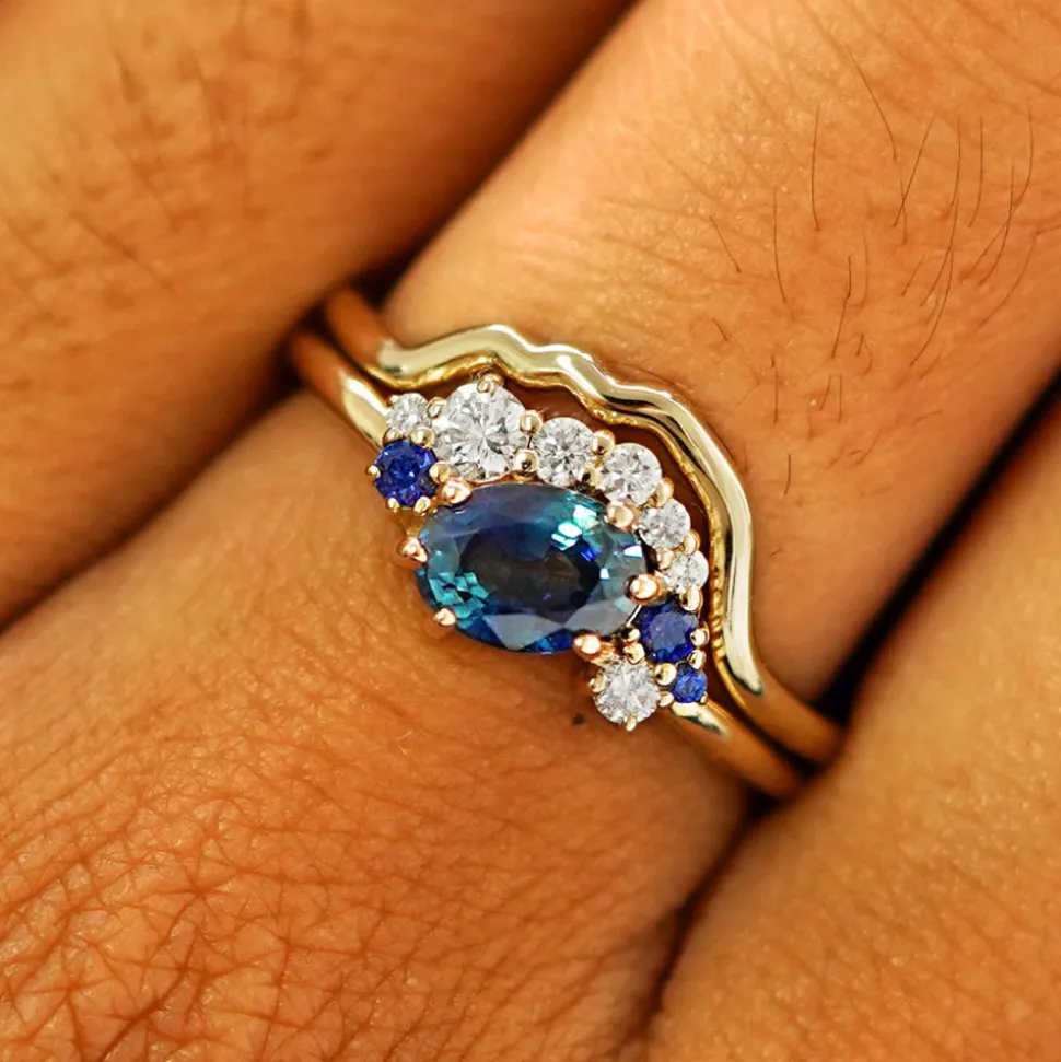 Sapphire and Diamond Cluster Ring with Band