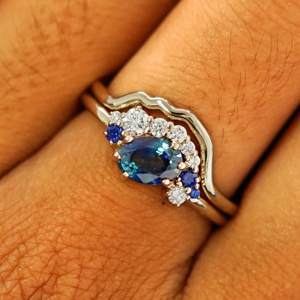 Sapphire and Diamond Cluster Ring with Band