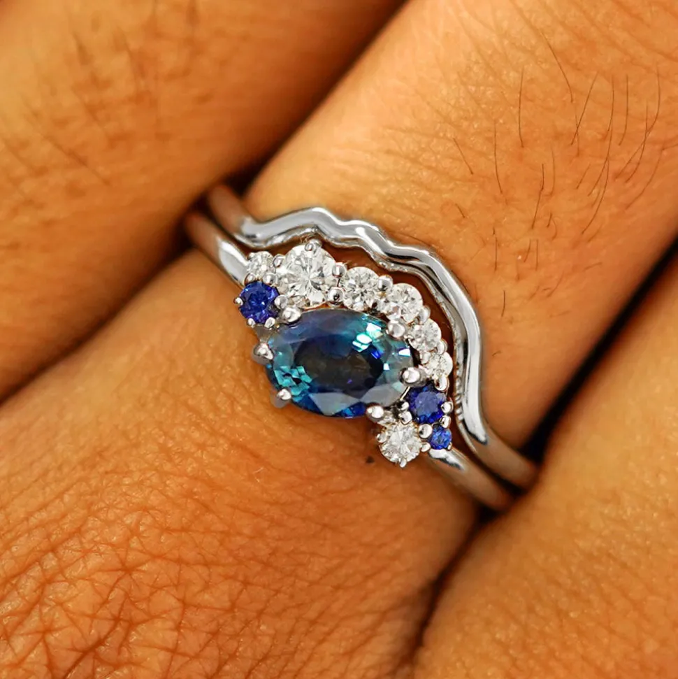 Sapphire and Diamond Cluster Ring with Band